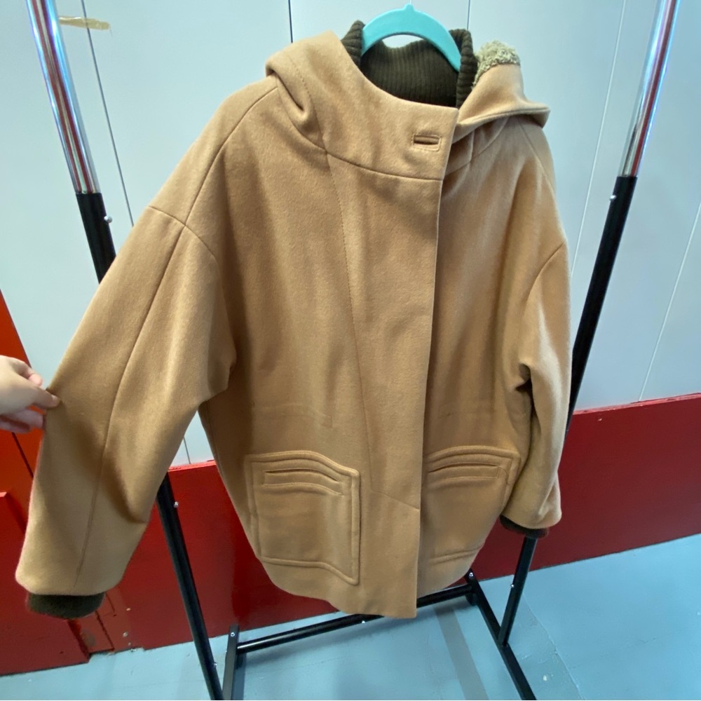 BCBGMaxAzria Camel Hooded Wool-Blend Coat | Size M